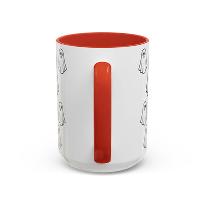 White ceramic coffee mug with black ghost pattern design, 11oz, featuring a cute Halloween-themed print.