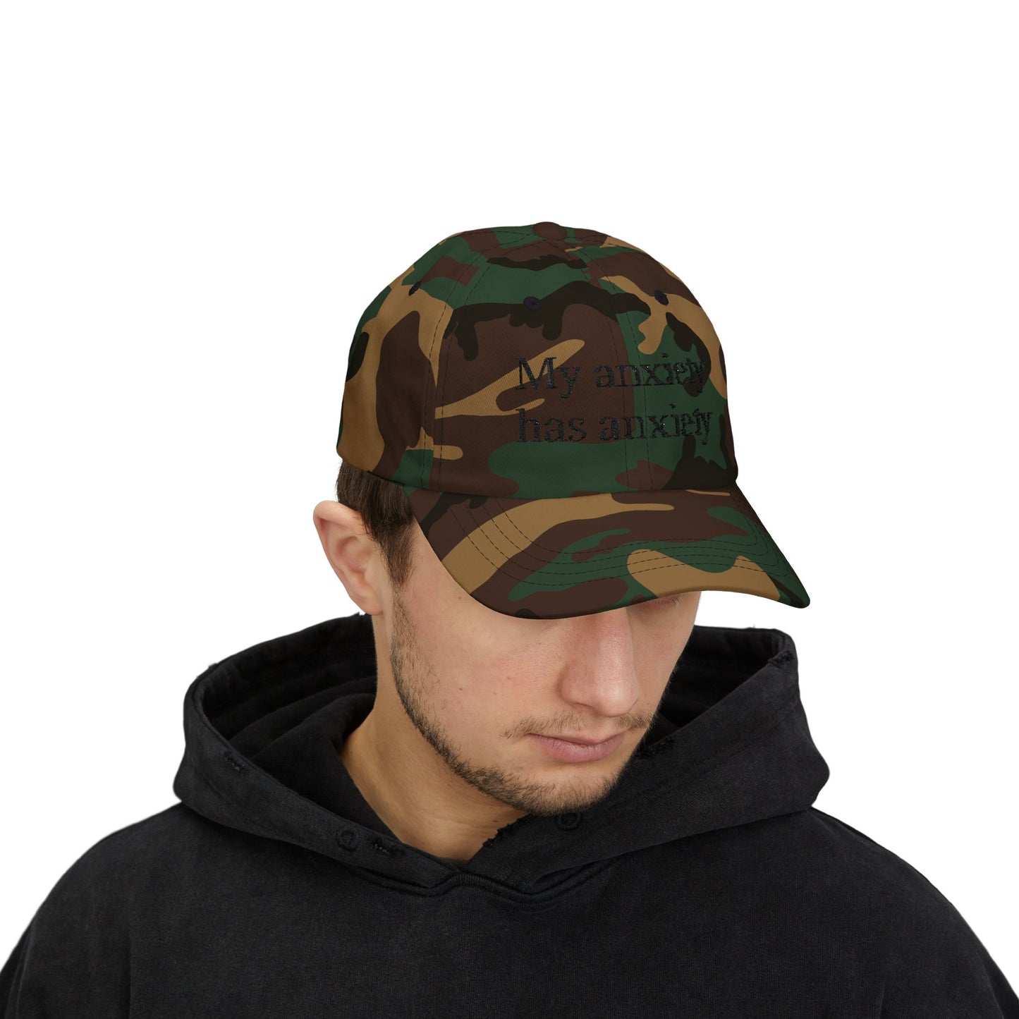 Dad Cap — "My anxiety has anxiety" Embroidered White Baseball Hat