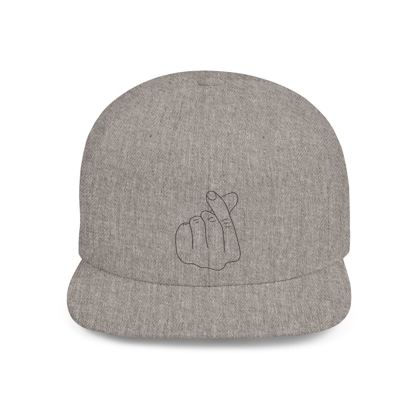 Minimalist hand gesture flat bill snapback hat by Printify featuring a simple design and adjustable strap