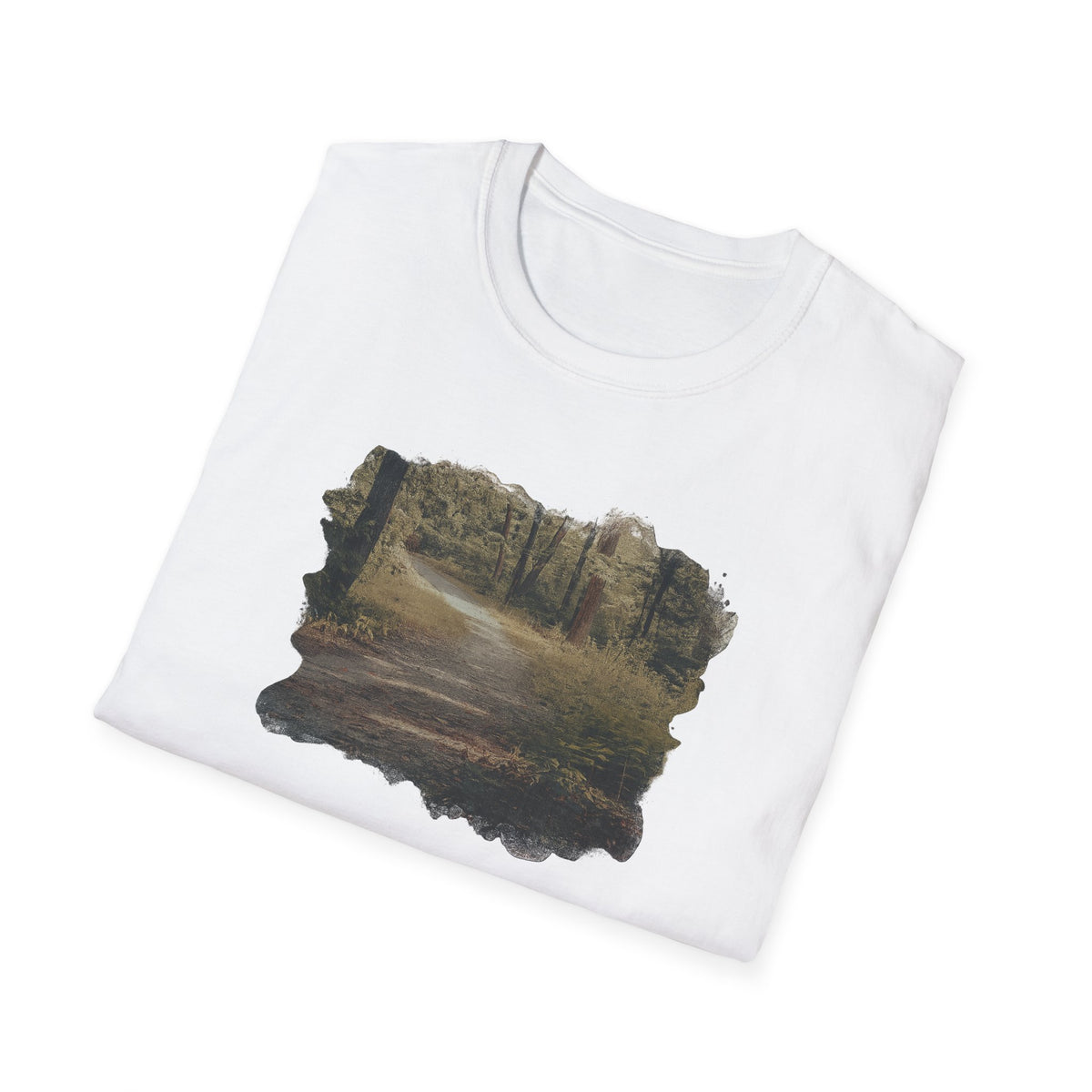 Vintage forest landscape T-shirt by Printify featuring a nature pathway design on soft fabric.