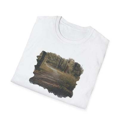 Vintage forest landscape T-shirt by Printify featuring a nature pathway design on soft fabric.