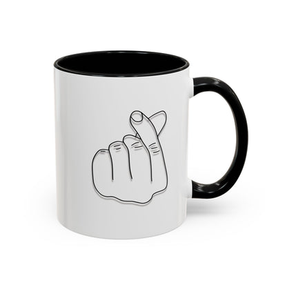 Minimal Korean finger heart accent mug by Printify, 11oz or 15oz ceramic coffee mug with simple design and clean white finish.