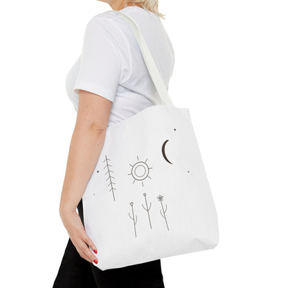 Minimal moon and sun botanical tote bag featuring celestial line art design, made by Printify.