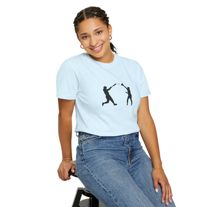 Black baseball silhouette graphic T-shirt for men, featuring minimal design of a baseball player in action.