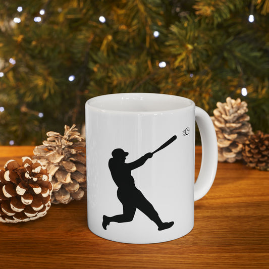 Ceramic mug with a baseball player silhouette design, perfect for baseball fans, available in 11oz and 15oz sizes.