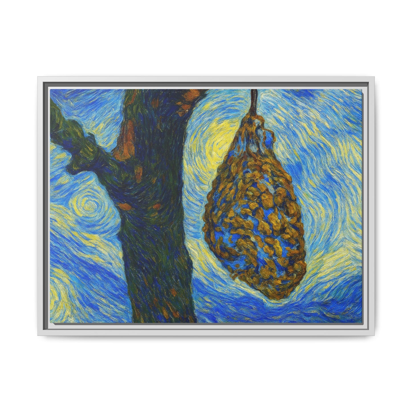 Framed matte canvas art of a starry nut cluster with dried plum in a tree, printed by Printify, showcasing detailed botanical artwork.