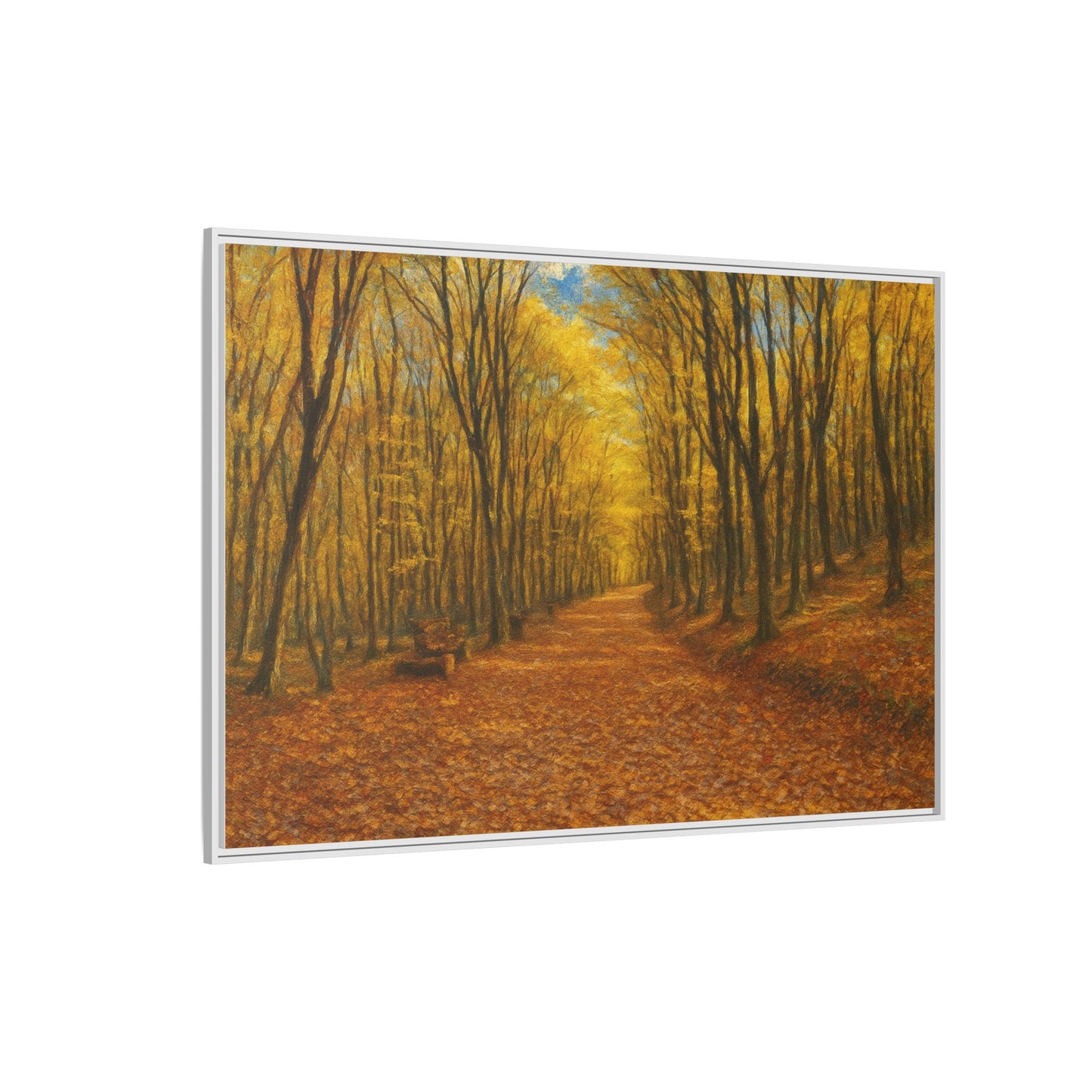 Autumn forest path matte canvas wall art framed, featuring vibrant fall trees and a scenic woodland pathway by Printify.