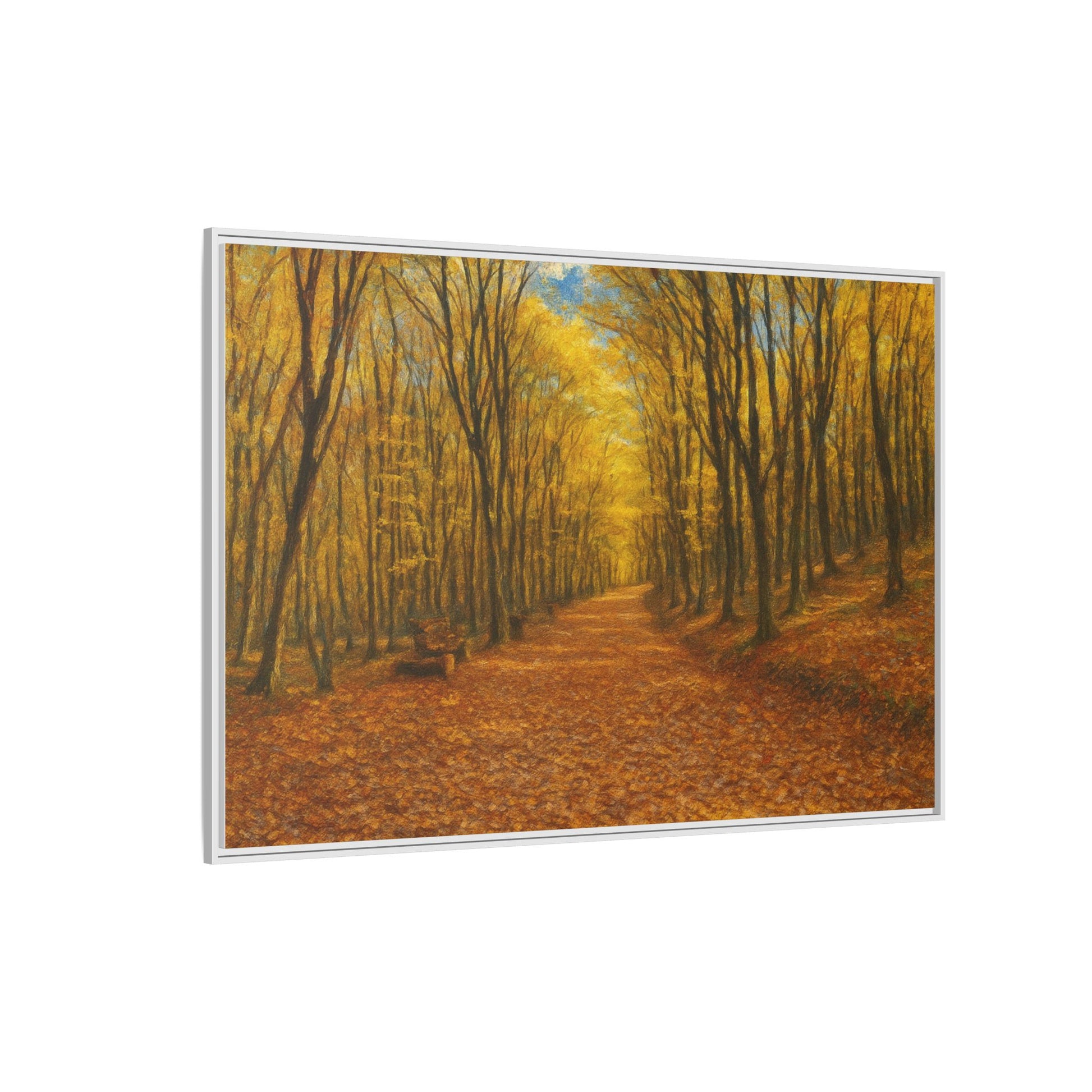 Autumn forest path matte canvas wall art framed, featuring vibrant fall trees and a scenic woodland pathway by Printify.