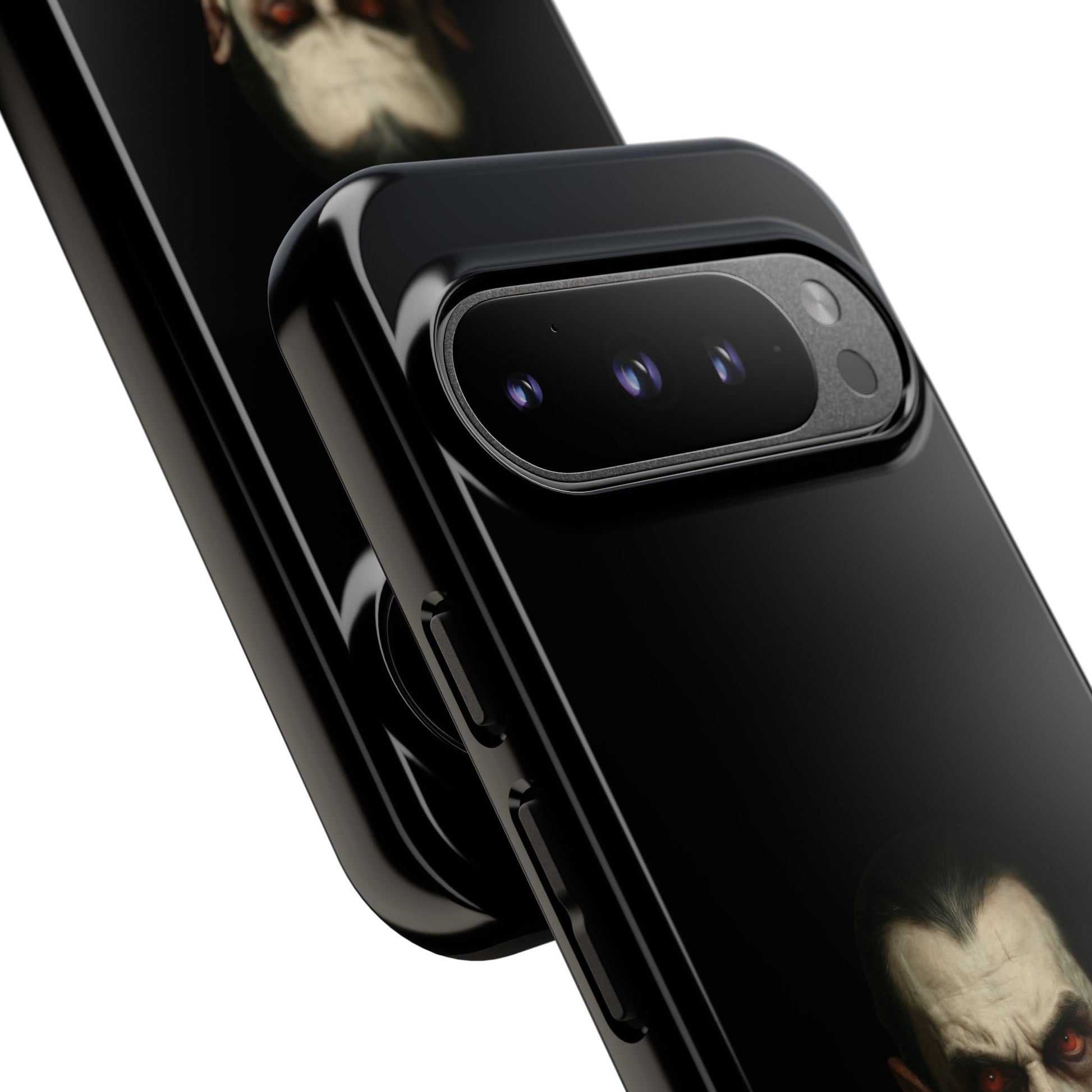 Gothic vampire portrait phone case for iPhone, featuring a Dracula horror design with dark, eerie artwork by Printify.