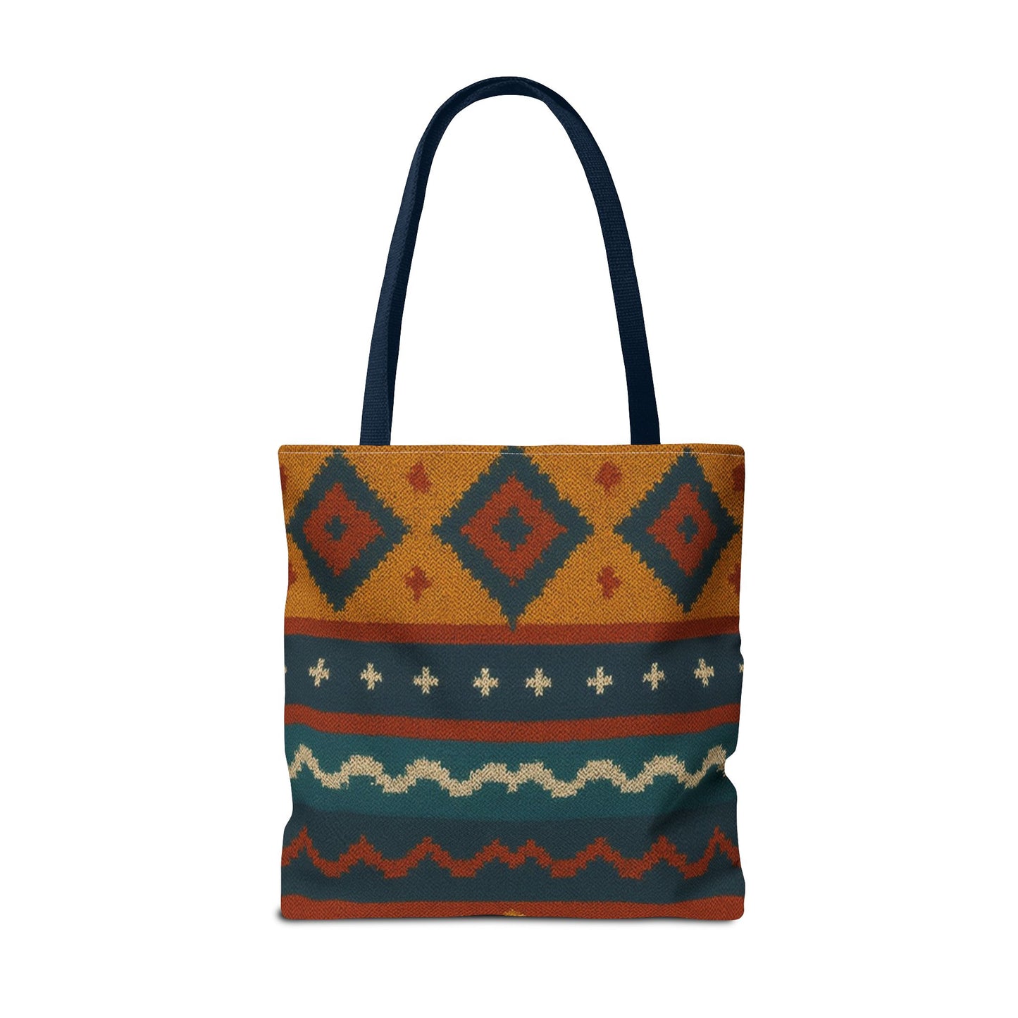 Southwestern diamond pattern tote bag with Aztec tribal geometric print, featuring sturdy handles and vibrant design.