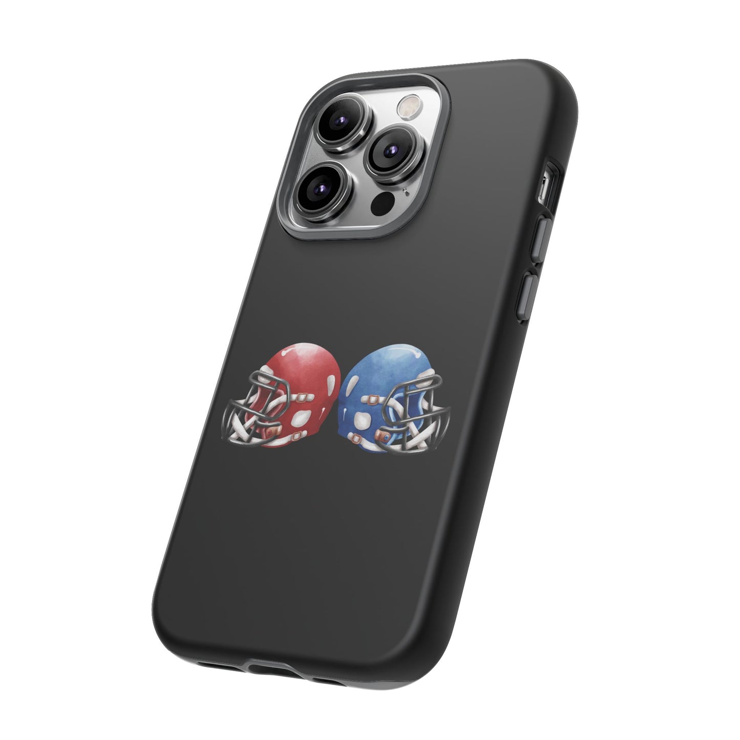 Red and blue football helmet tough phone case for iPhone, protective Printify cover with realistic football helmet design.