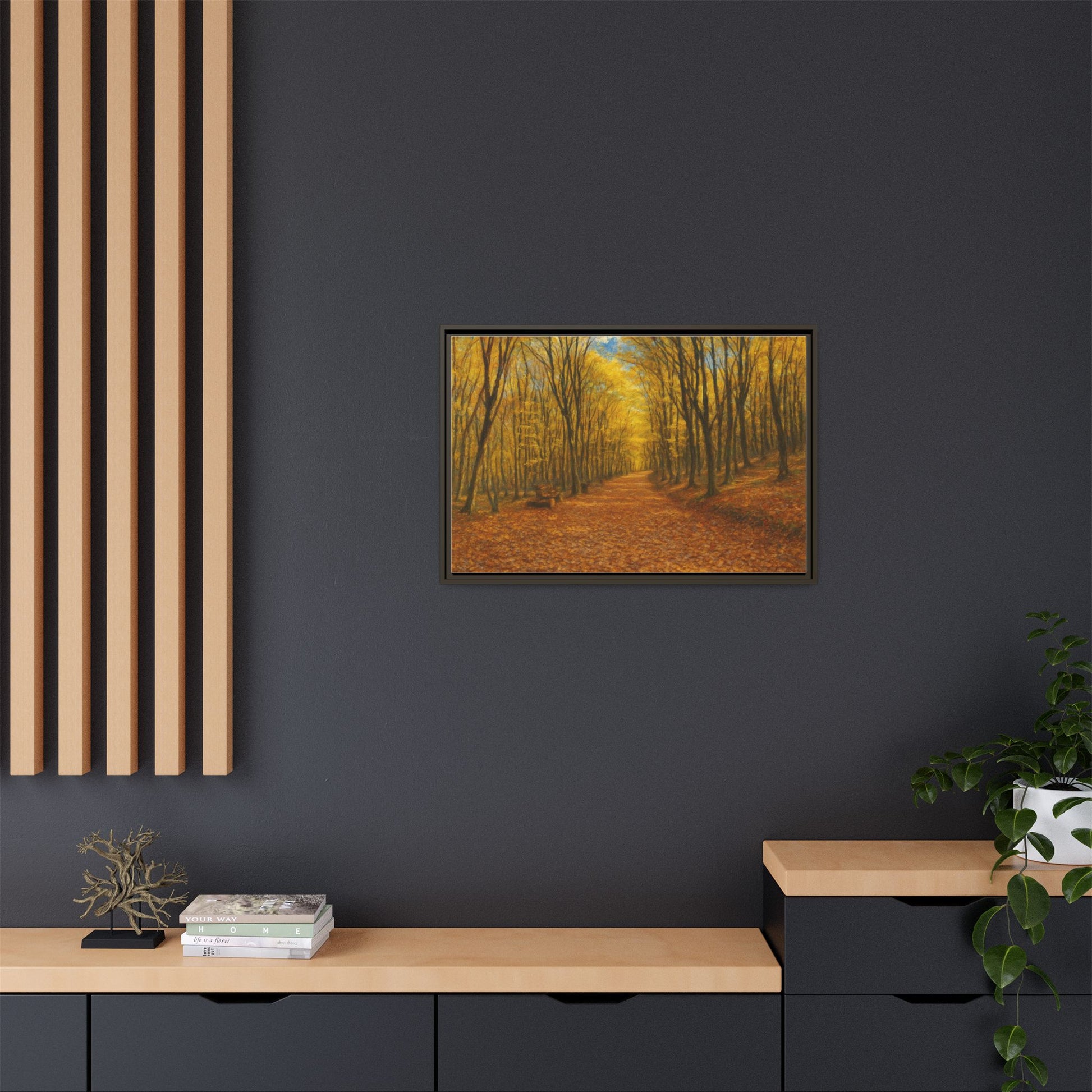 Autumn Forest Path matte canvas framed wall art by Printify showing a scenic forest trail in fall colors.
