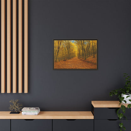 Autumn Forest Path matte canvas framed wall art by Printify showing a scenic forest trail in fall colors.