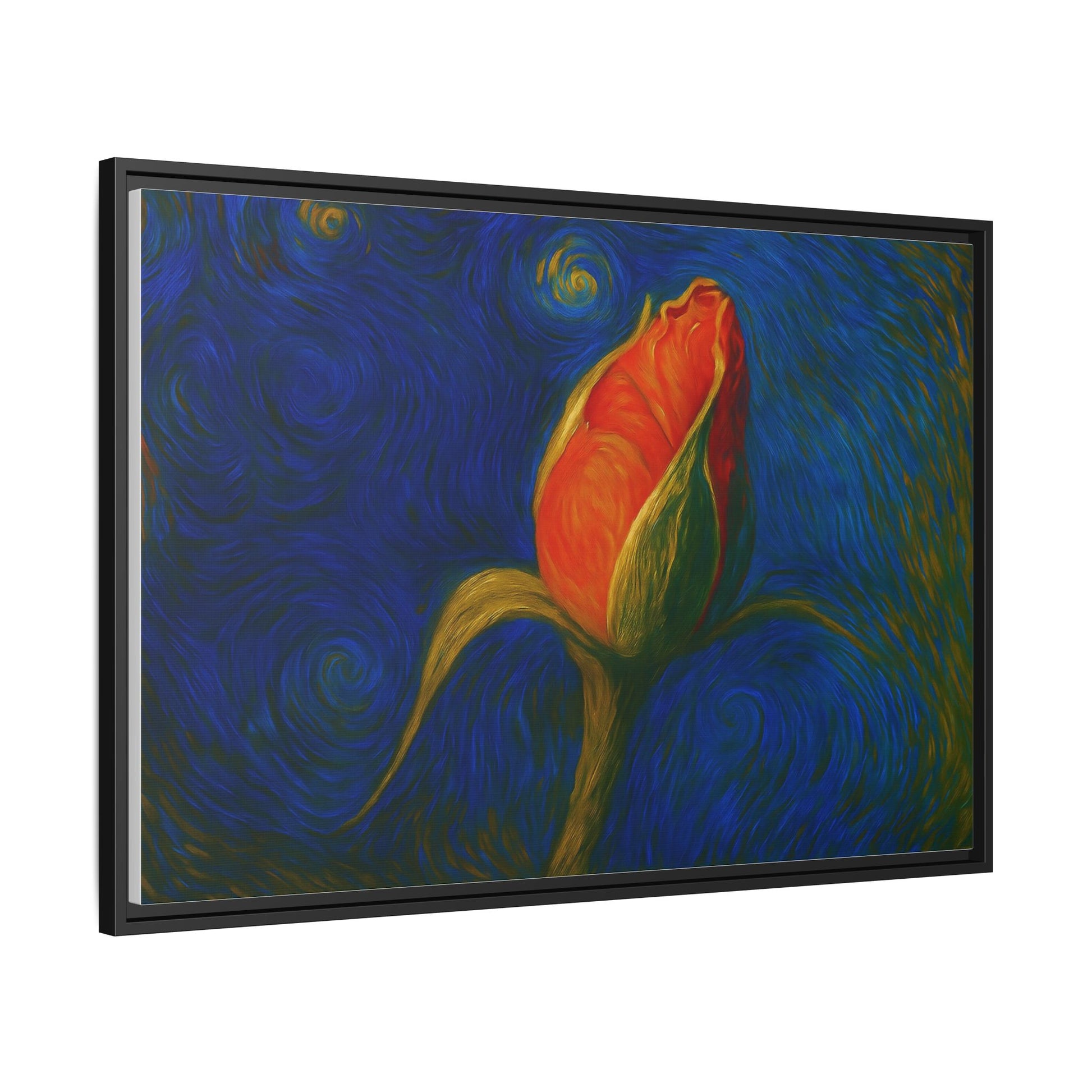 Red rose bud painting on framed canvas wall art by Printify, featuring vibrant red flowers in a matte finish.