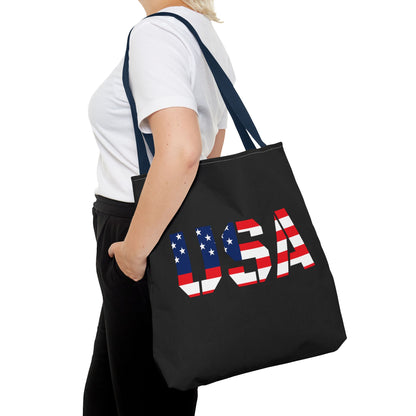 Reusable patriotic USA flag tote bag by Printify featuring a summer design, perfect for 4th of July celebrations and everyday use.