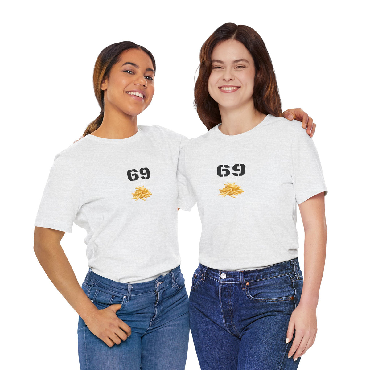 Unisex graphic T-shirt featuring a funny 69 and French fries design, made by Printify, casual and quirky clothing.