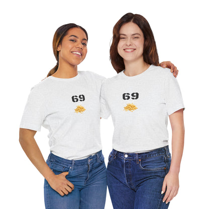 Unisex graphic T-shirt featuring a funny 69 and French fries design, made by Printify, casual and quirky clothing.