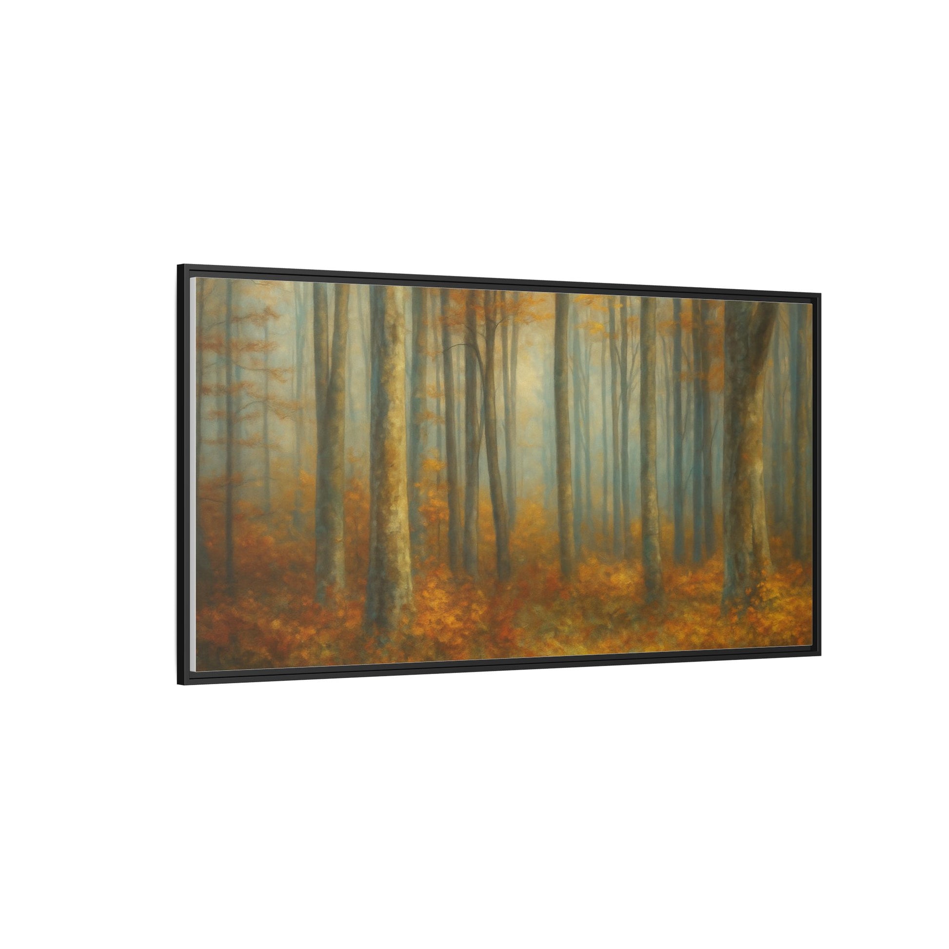 Framed autumn forest canvas print featuring misty woodland scene, art by Printify, perfect for wall decor.