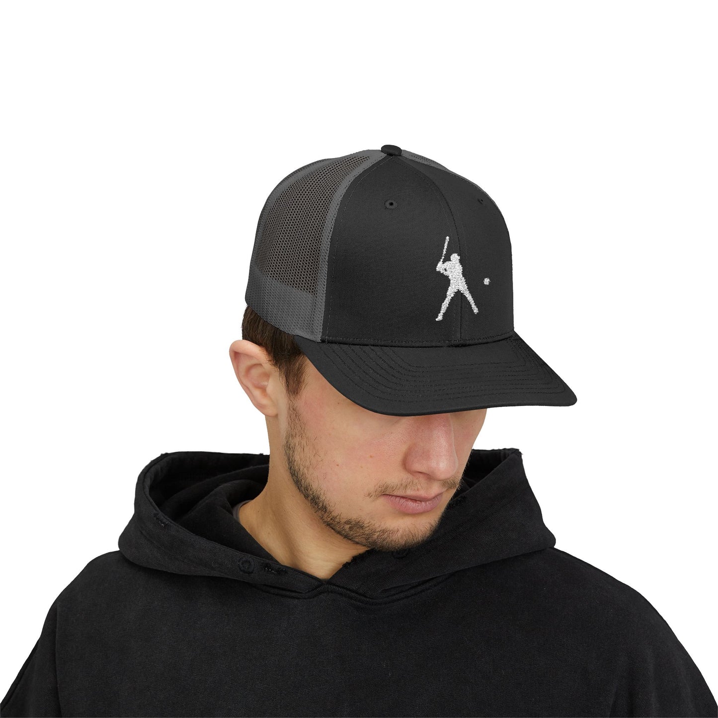 Vintage baseball snapback trucker cap with batter silhouette design, featuring a structured brim and adjustable snap closure.