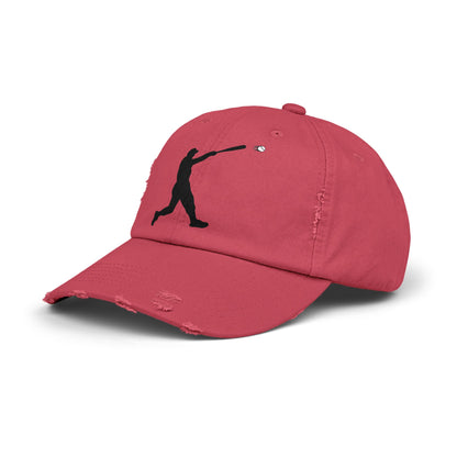 Distressed baseball cap with silhouette batter design, casual hat by Printify featuring a worn, vintage style.