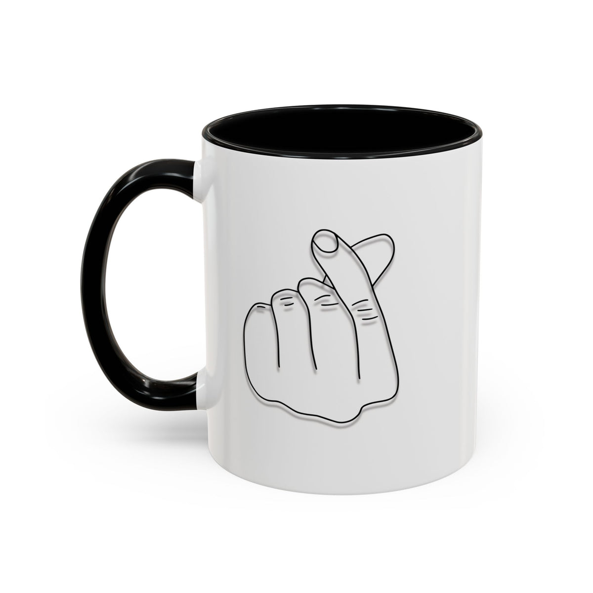 Minimal Korean finger heart accent coffee mug by Printify, 11oz or 15oz ceramic mug with simple heart design.