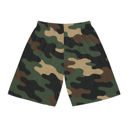Green woodland camo all-over print basketball shorts by Printify, featuring a vibrant camouflage pattern on athletic shorts.