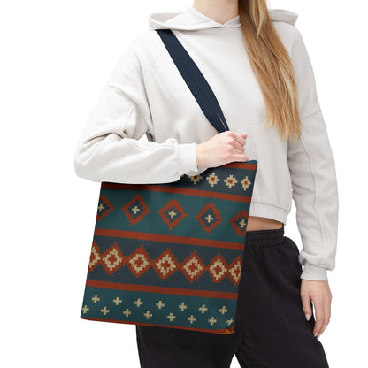 Southwestern diamond pattern tote bag with Aztec tribal geometric print, featuring sturdy handles and vibrant woven design.