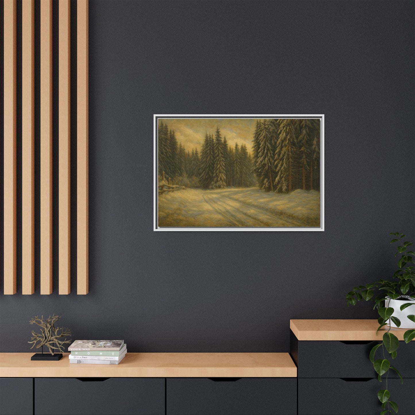 Framed matte canvas print of a winter forest landscape wall art by Printify, showcasing snow-covered trees and serene winter scenery.