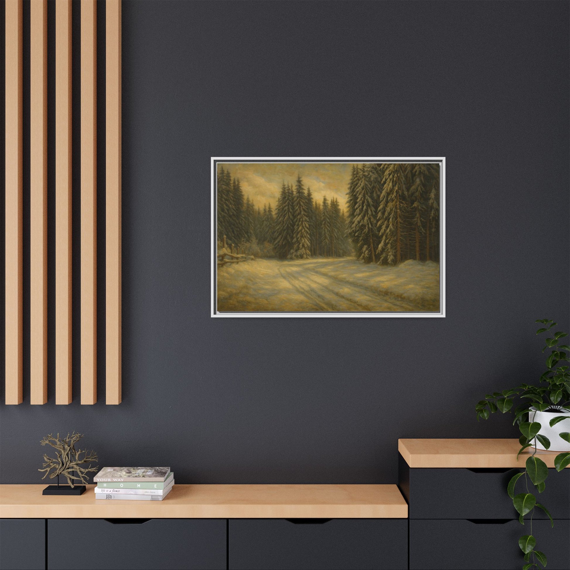 Framed matte canvas print of a winter forest landscape wall art by Printify, showcasing snow-covered trees and serene winter scenery.