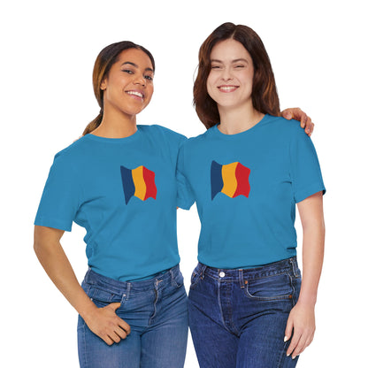 Romania flag T-shirt by Printify featuring a minimal waving tricolor design on a casual tee.
