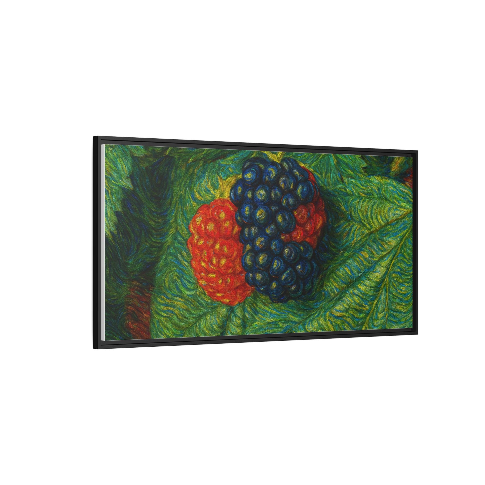 Blackberry still life framed canvas print by Printify featuring detailed artwork of ripe blackberries on a neutral background