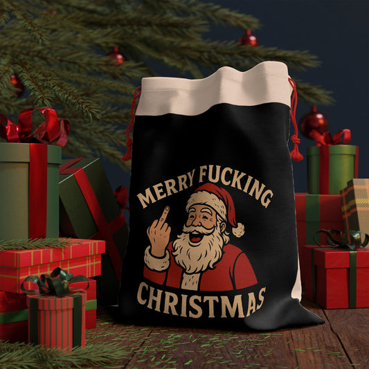 Funny Santa Christmas gift bag from Printify, featuring a cheeky holiday-themed home decor design with Santa illustration.
