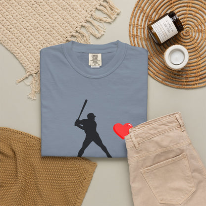 White baseball batter heart T-shirt by Printify featuring a graphic of a batter in action on the front.
