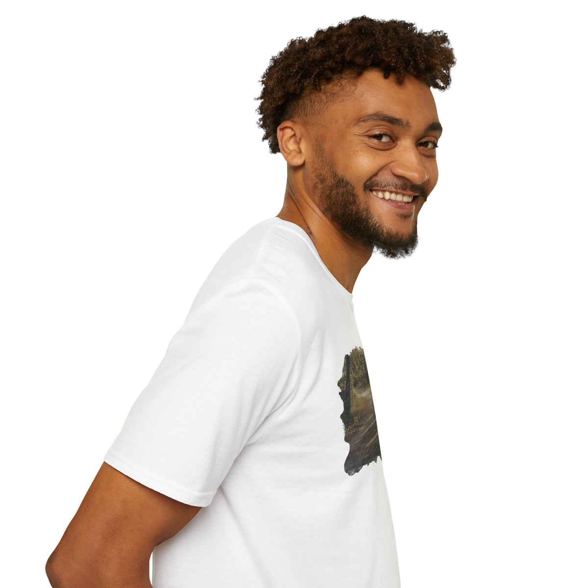 Vintage forest landscape design on Nature Pathway T-Shirt by Printify, featuring scenic woodland imagery on a casual tee.