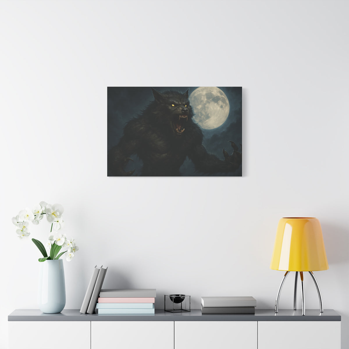 Spooky werewolf moon matte canvas print featuring a full moon, designed as eerie wall art for haunted or gothic decor.