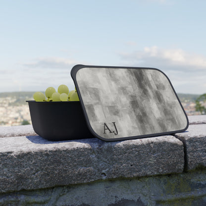 Gray abstract brushstroke Printify Bento Box with initials, plastic lunchbox accessory with artistic design and secure lid.
