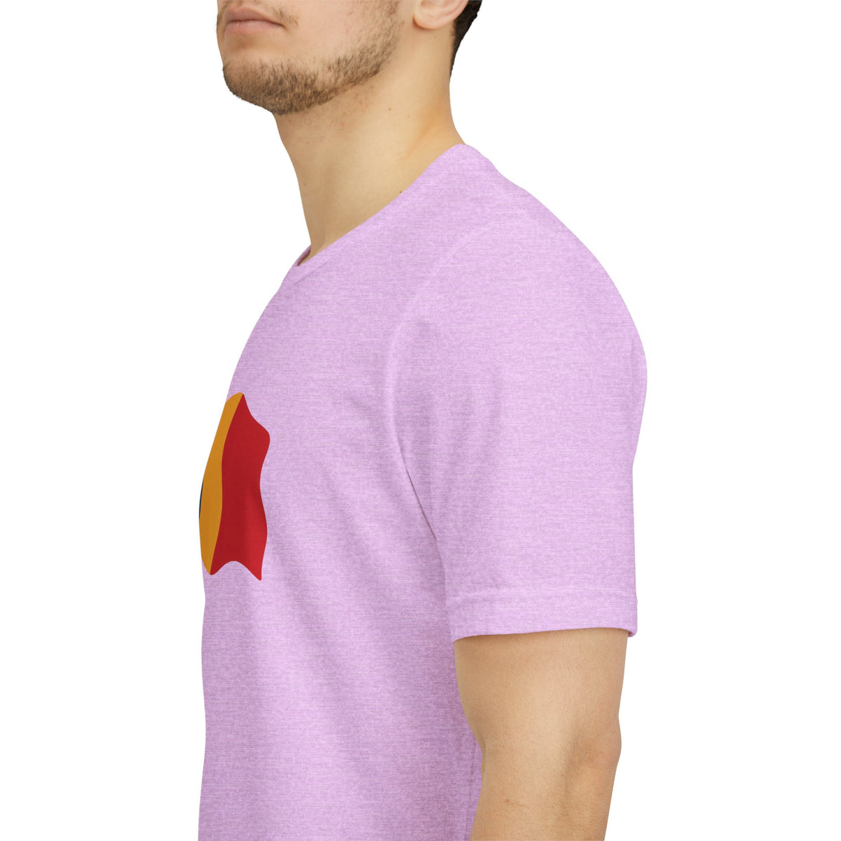 Romania flag T-shirt by Printify featuring a minimal waving tricolor design, made from soft fabric, casual fit.