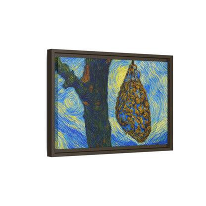 Framed matte canvas art of a starry nut cluster in a dried plum tree by Printify, showcasing detailed botanical artwork.
