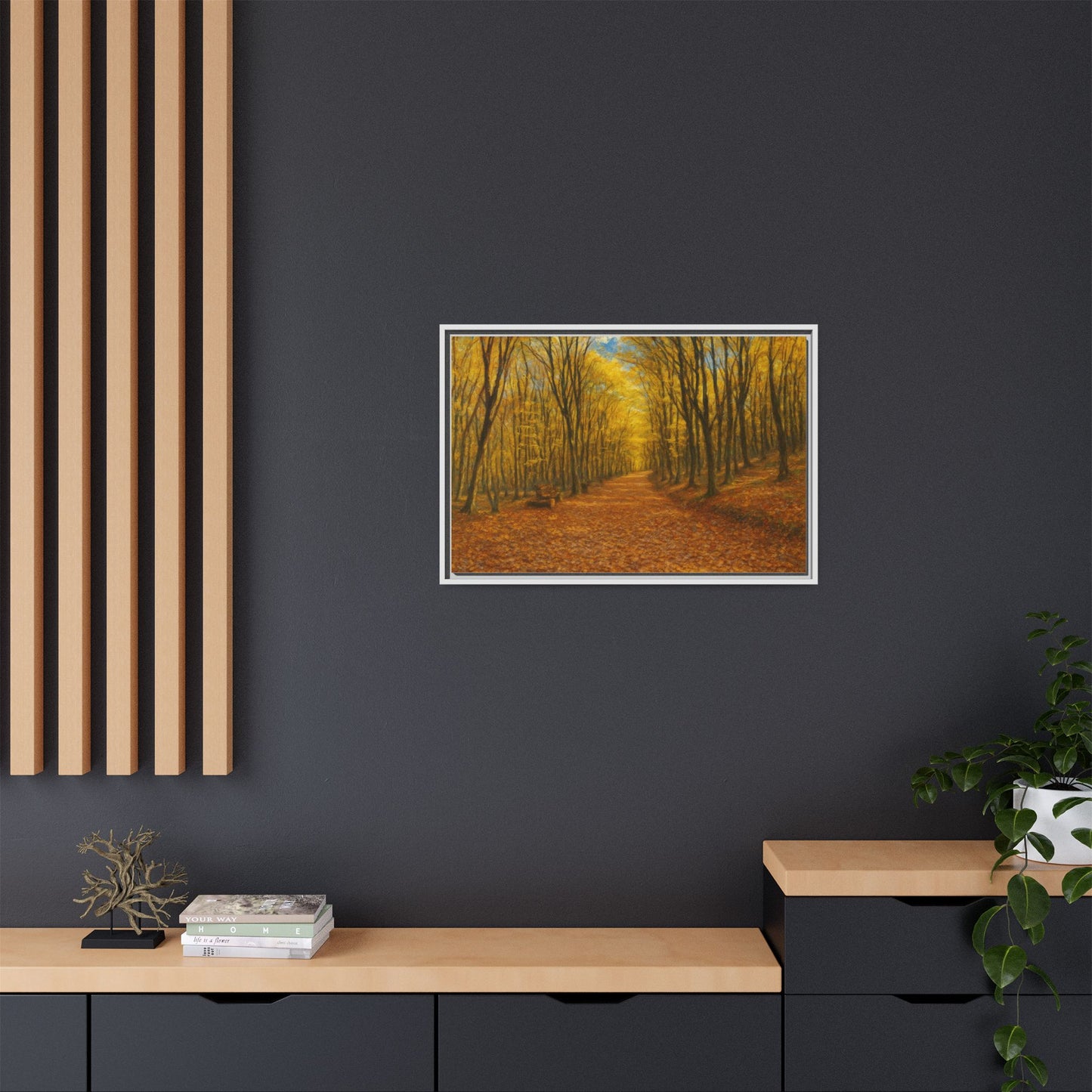Autumn forest path matte canvas wall art featuring a scenic forest trail with fall foliage, framed and ready to hang.