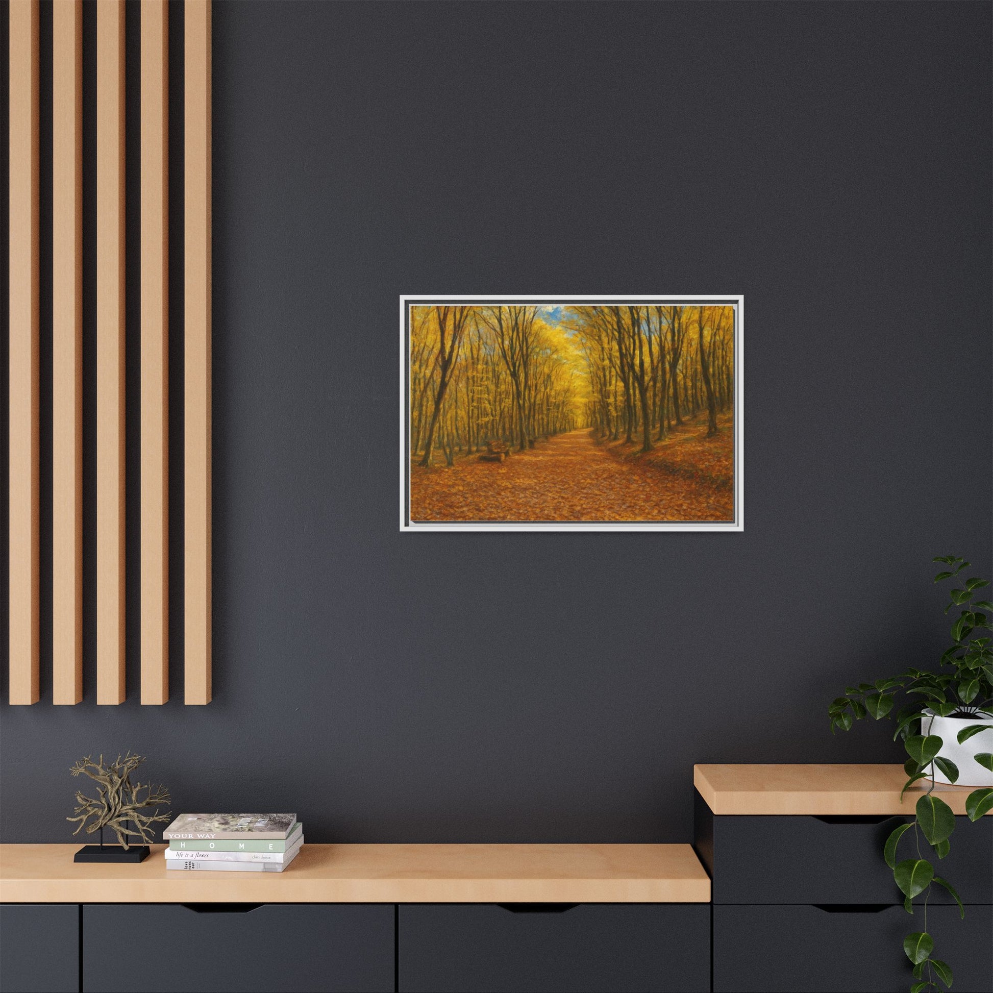 Autumn forest path matte canvas wall art featuring a scenic forest trail with fall foliage, framed and ready to hang.