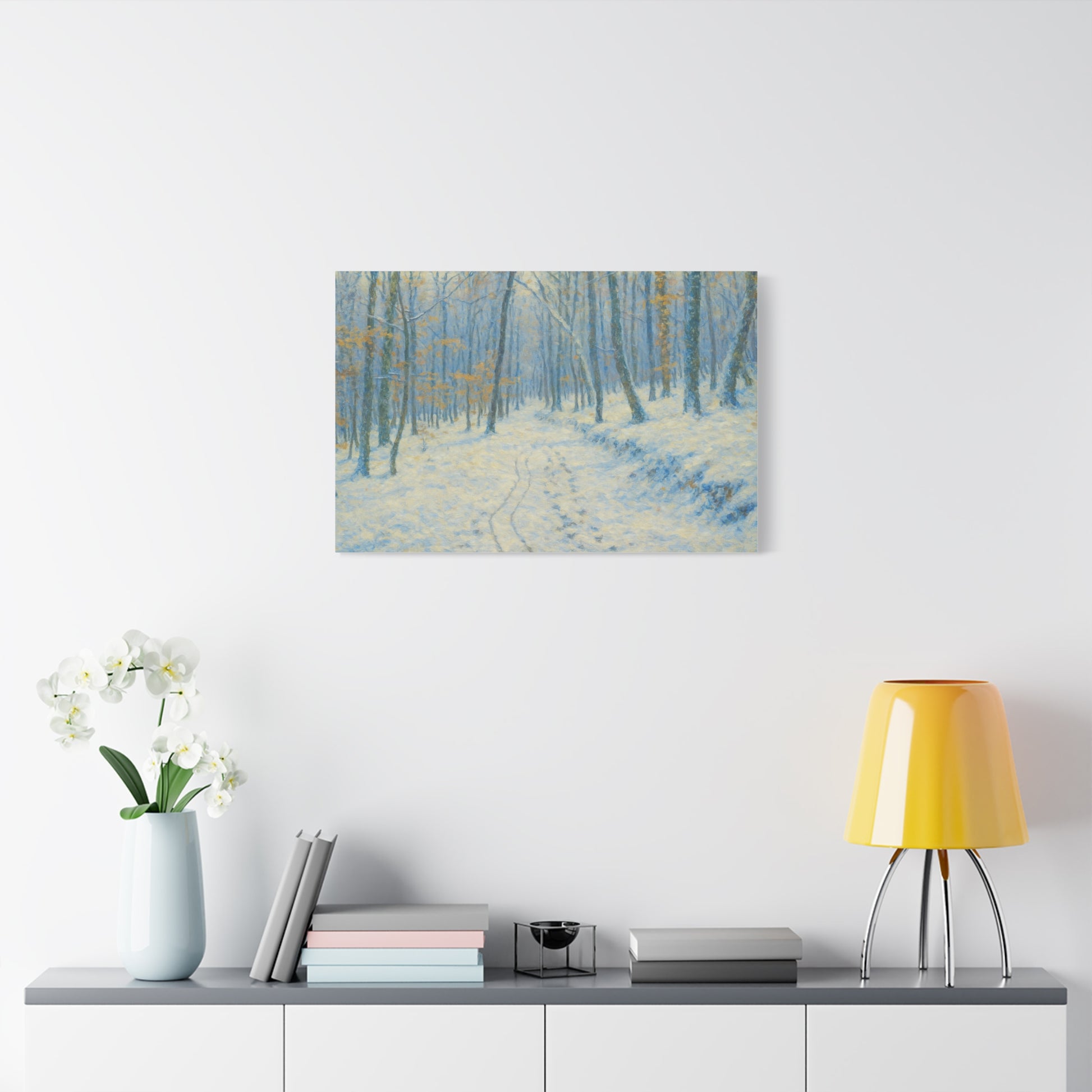Winter woodland canvas print by Printify featuring a snowy forest scene on matte stretched wall art.