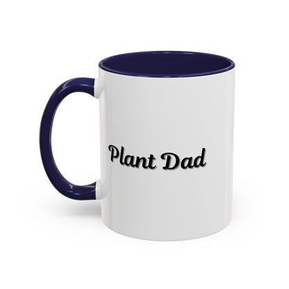 Black-handle Plant Dad coffee mug with plant-themed design, perfect for plant lovers, available in 11oz and 15oz sizes.