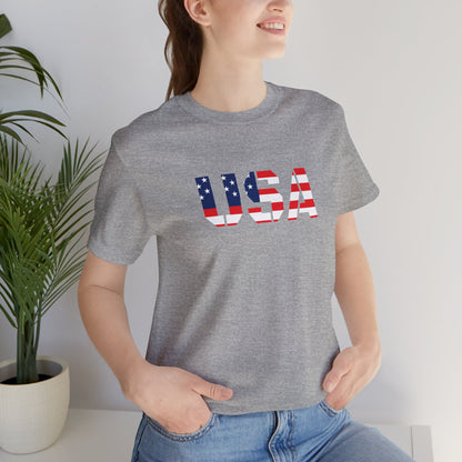 USA Flag Text Tee — Patriotic Fourth of July T-Shirt