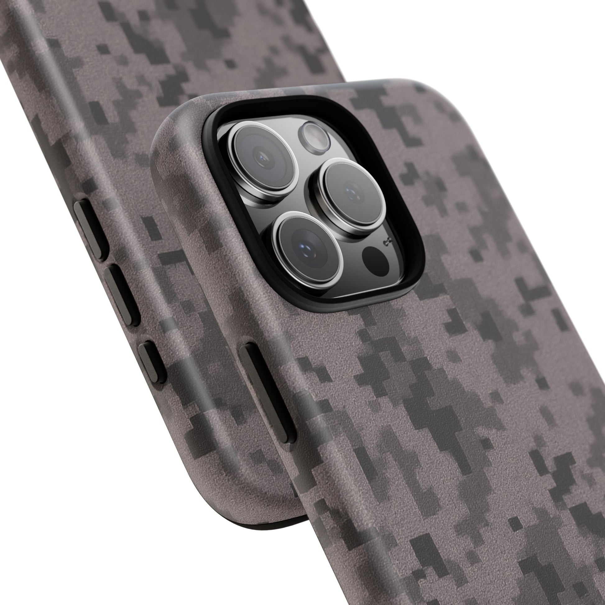 Gray digital camouflage phone case by Printify, tough protective cover for smartphone protection with a rugged camo pattern.