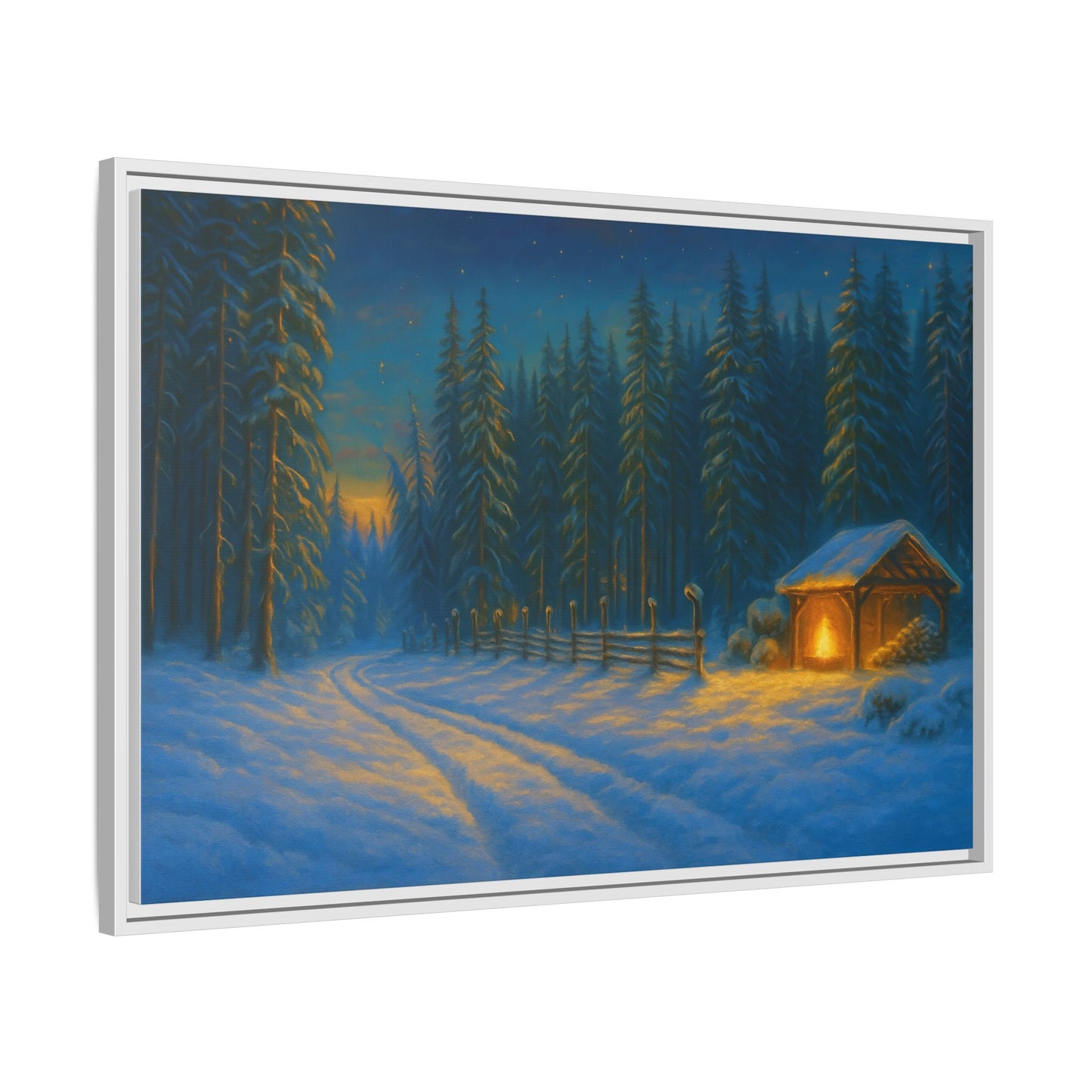 Cozy winter cabin matte framed canvas wall art featuring a snowy forest evening scene by Printify.