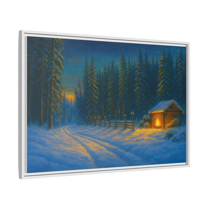 Cozy winter cabin matte framed canvas wall art featuring a snowy forest evening scene by Printify.