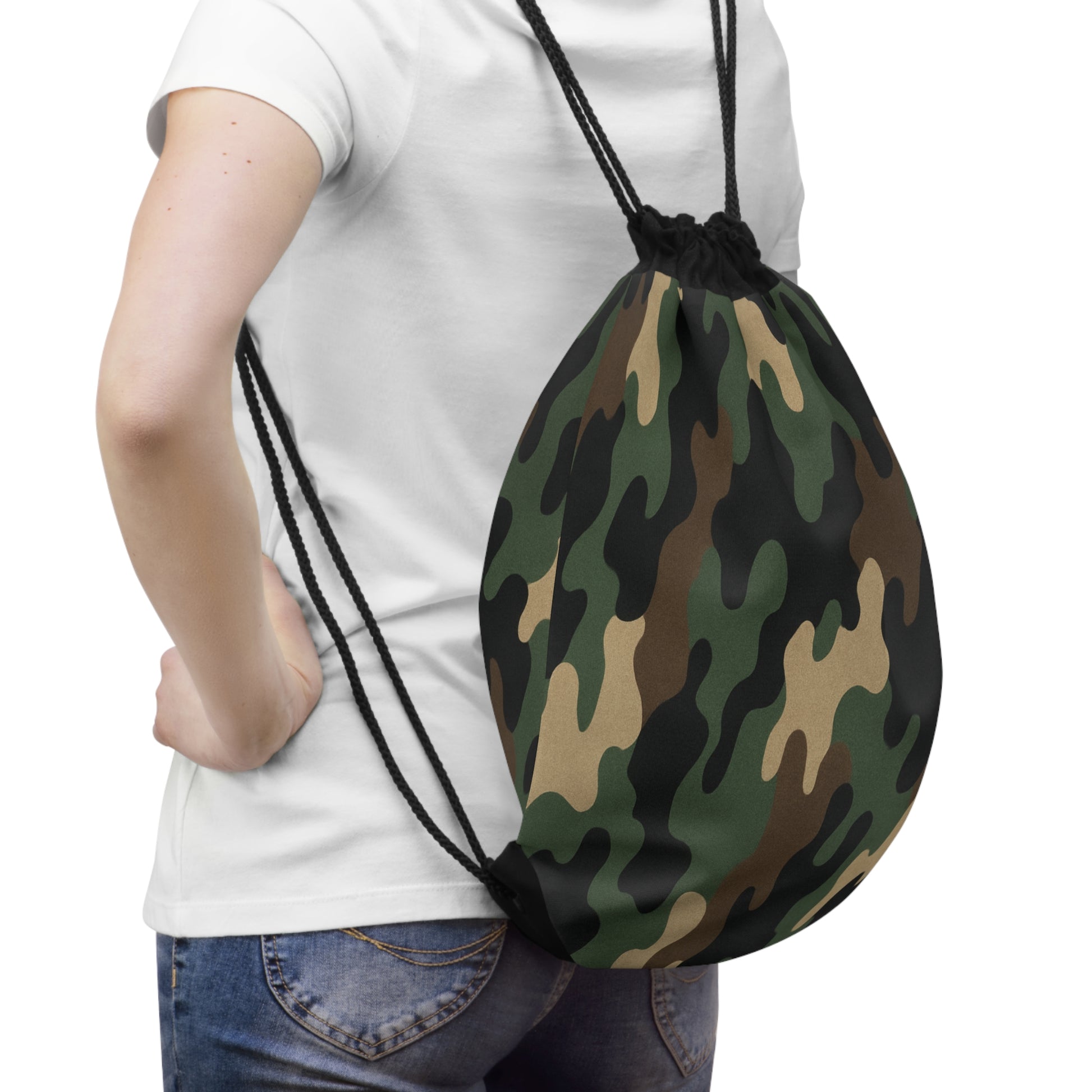 Green woodland camouflage drawstring bag with black cords, versatile gym sack made by Printify, featuring a durable fabric design.