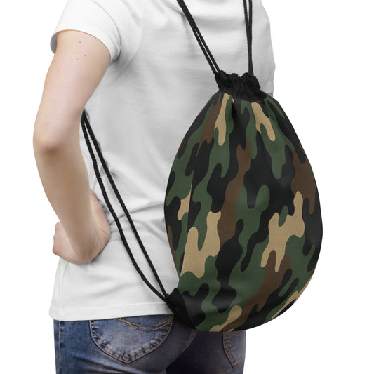 Green woodland camouflage drawstring bag with black cords, versatile gym sack made by Printify, featuring a durable fabric design.