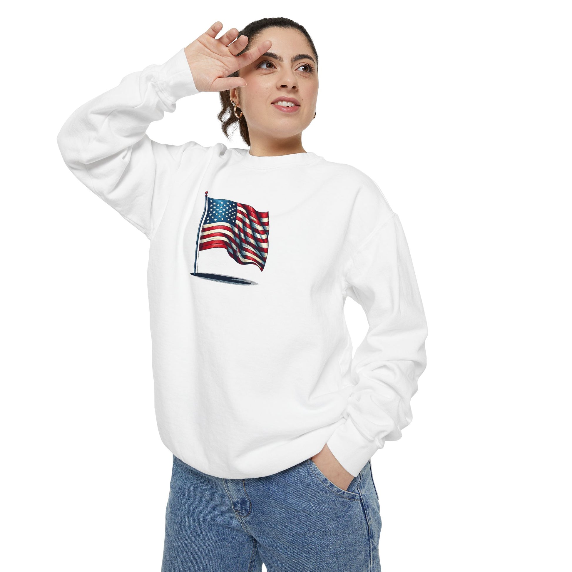 Patriotic Unisex Garment-Dyed Sweatshirt with Vintage American Flag, Cozy Fall Outfit, Statement Sweater, Gift for Veterans, Casual Fashion - TRV