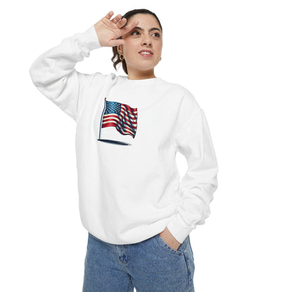 Patriotic Unisex Garment-Dyed Sweatshirt with Vintage American Flag, Cozy Fall Outfit, Statement Sweater, Gift for Veterans, Casual Fashion - TRV